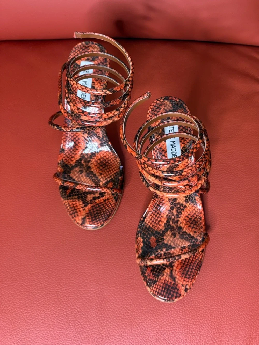 Steve Madden Orange Snake-Print Spiral Ankle Wrap Sandal